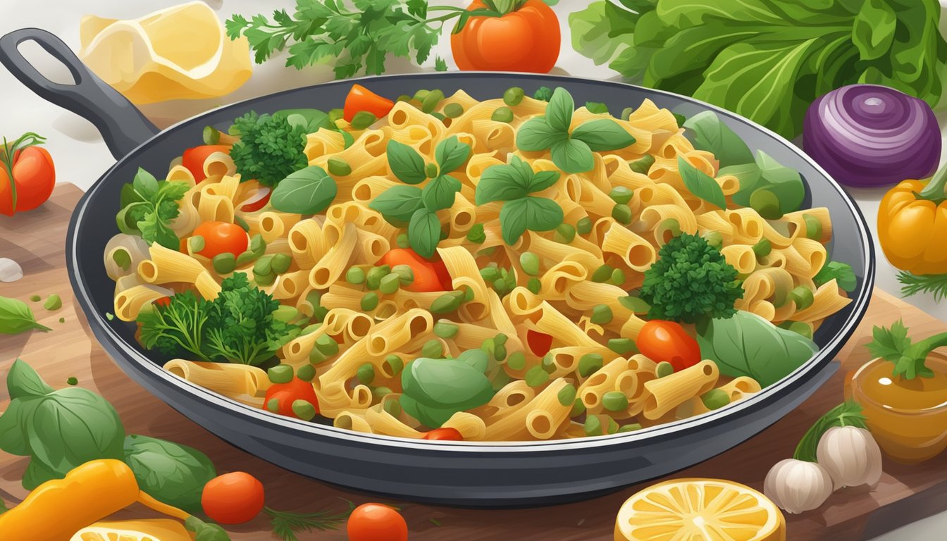 A colorful plate of lentil pasta surrounded by vibrant vegetables and herbs, with a steaming pot on the stove