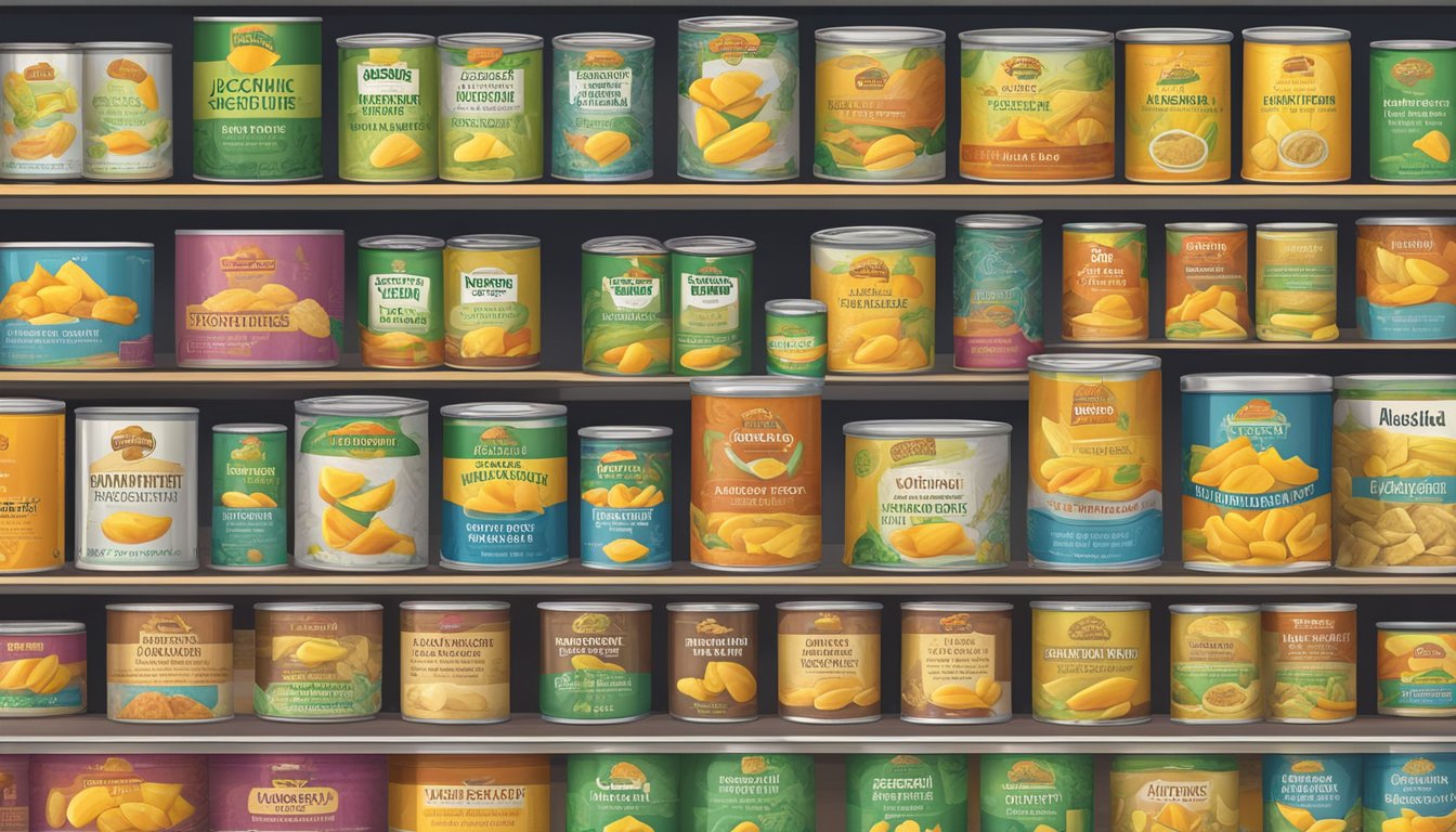 A colorful array of processed jackfruit products, from canned to dried, displayed on a shelf with a prominent label warning of the unhealthy nature of jackfruit meat substitutes