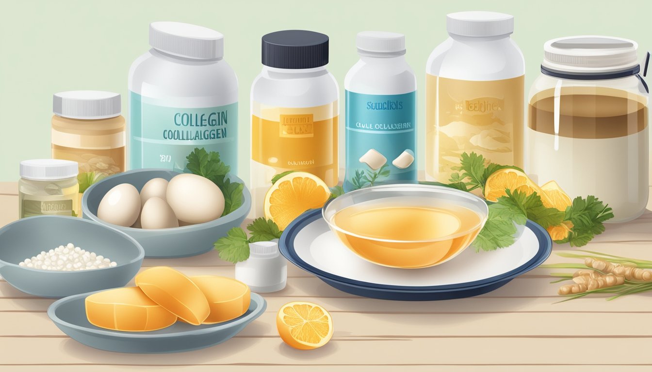 A laboratory table with various natural sources of collagen, such as fish, eggs, and bone broth, displayed next to a bottle of collagen supplements