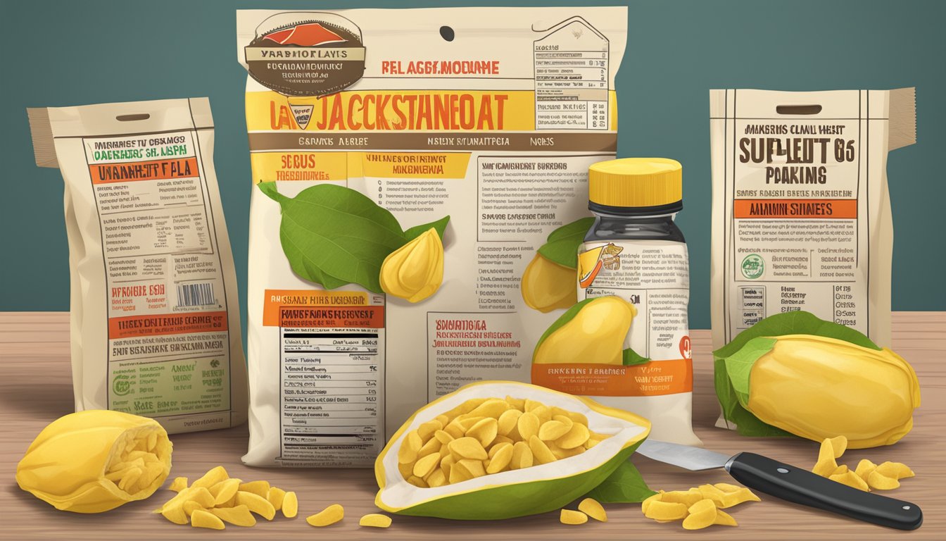 A jackfruit meat substitute package surrounded by warning signs and red flags, with a large "UNHEALTHY" stamp on the front