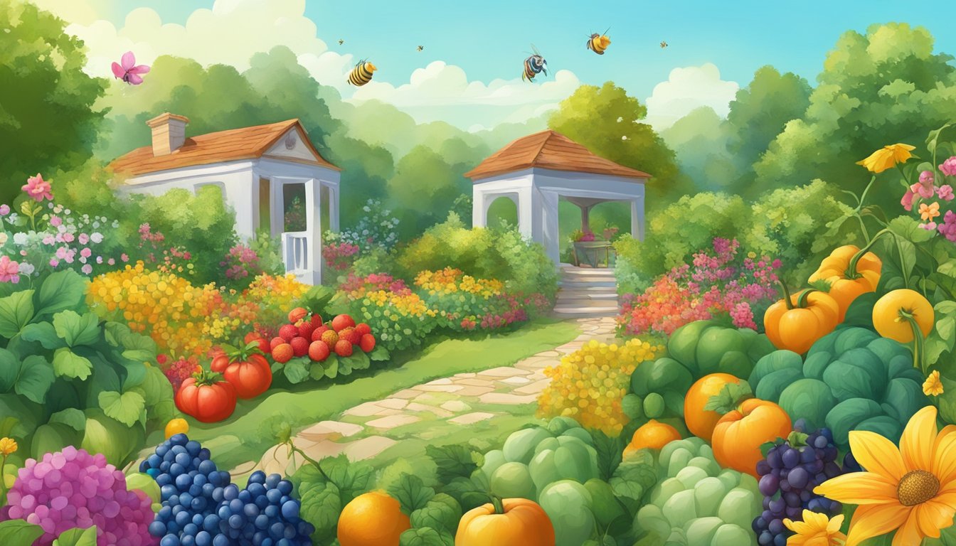 A lush garden with an abundance of colorful fruits and vegetables, surrounded by vibrant flowers and buzzing bees. A clear blue sky overhead and a gentle breeze rustling the leaves