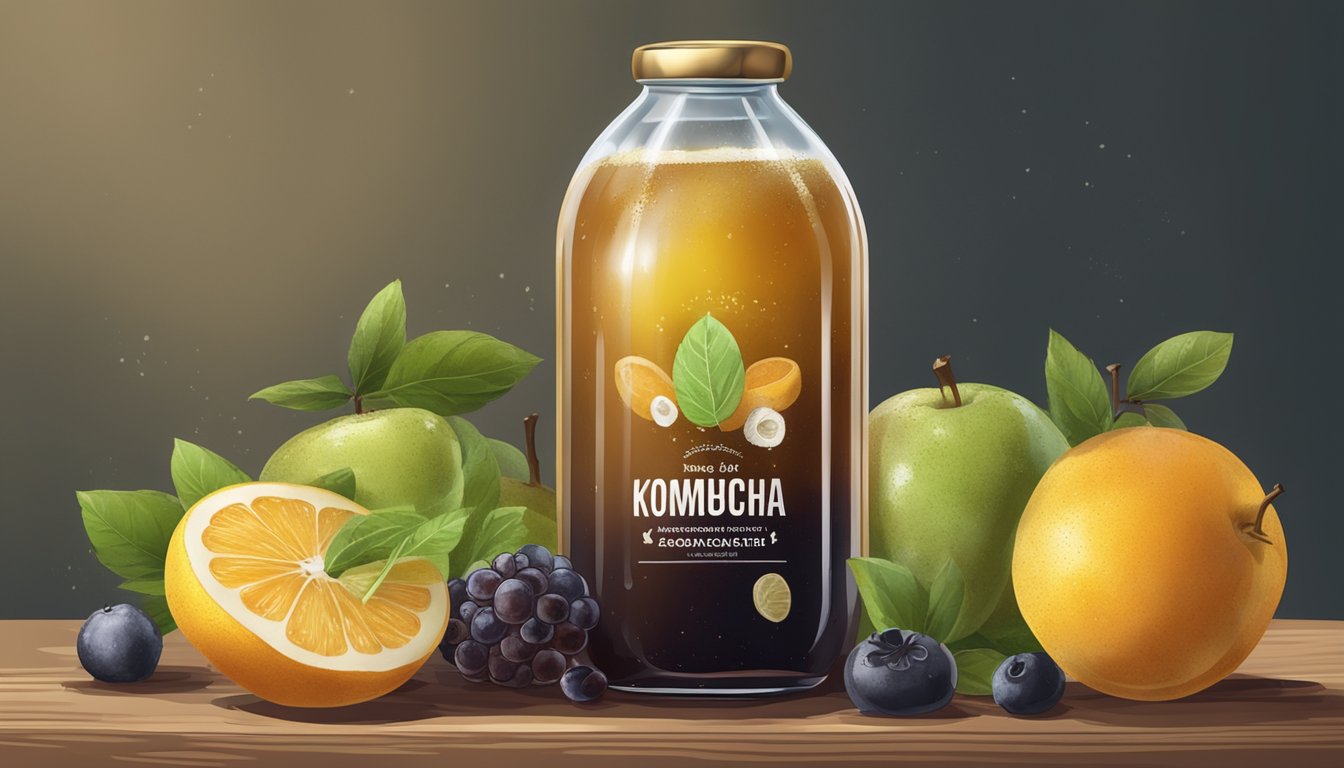 A glass bottle of kombucha surrounded by moldy and spoiled fruit, with a dark, murky liquid inside