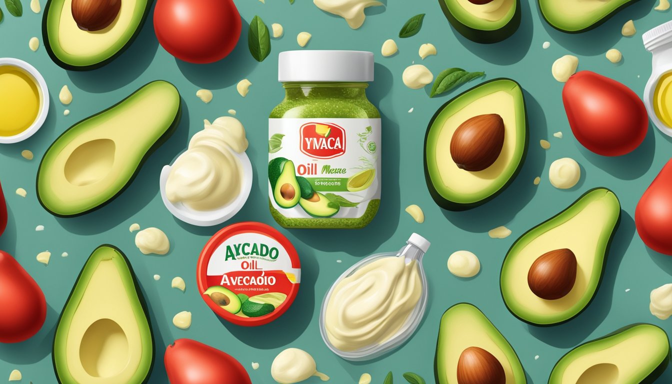 A jar of avocado oil mayonnaise surrounded by unhealthy additives and ingredients, with a large red X over the jar