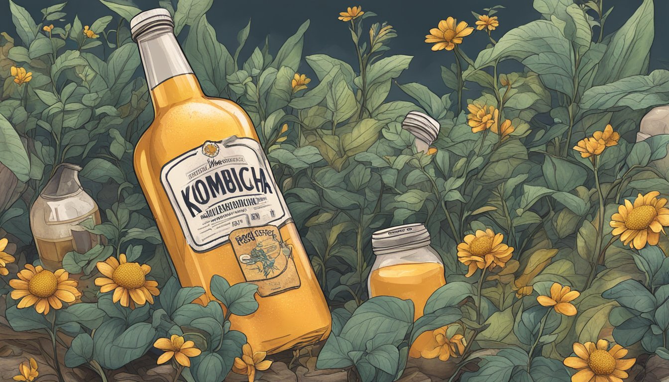 A pile of discarded bottled kombucha surrounded by wilted plants and a warning sign