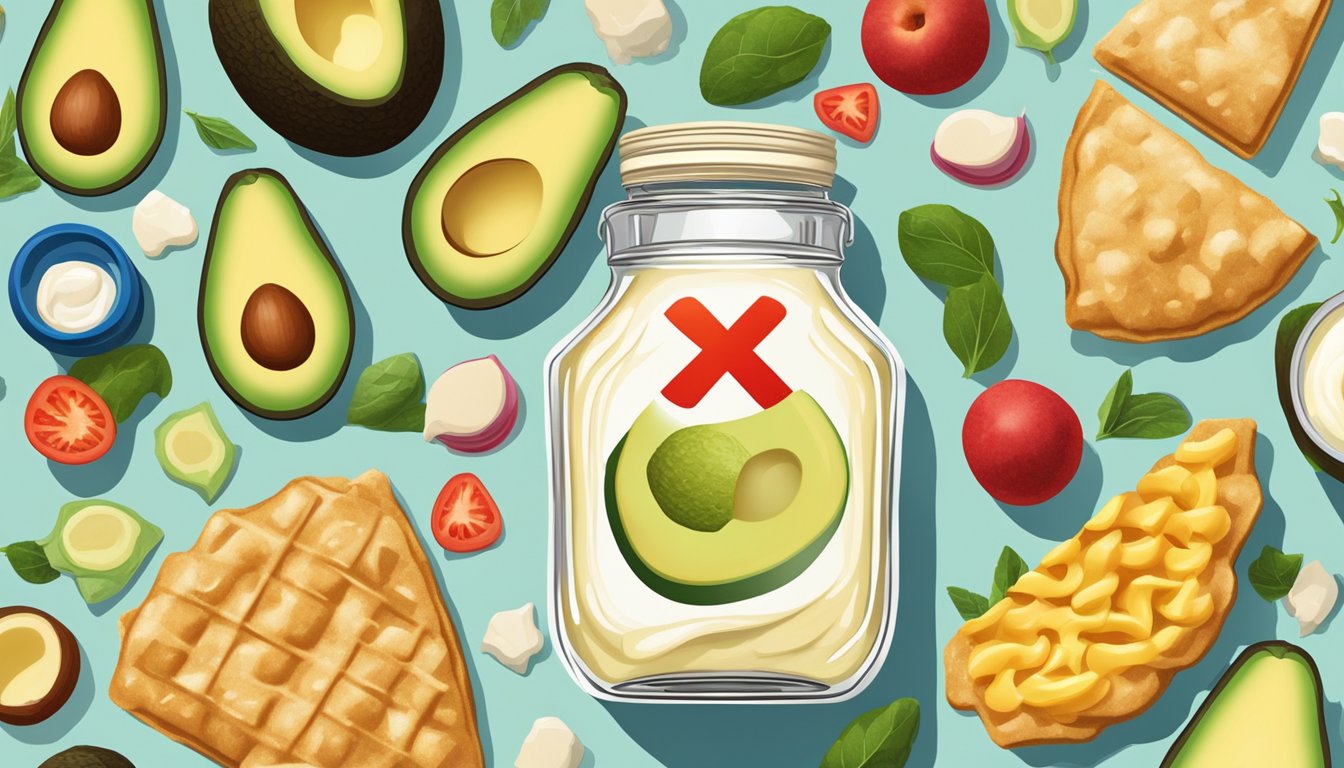 A jar of avocado oil mayonnaise surrounded by various unhealthy food items, with a red "X" over the mayonnaise