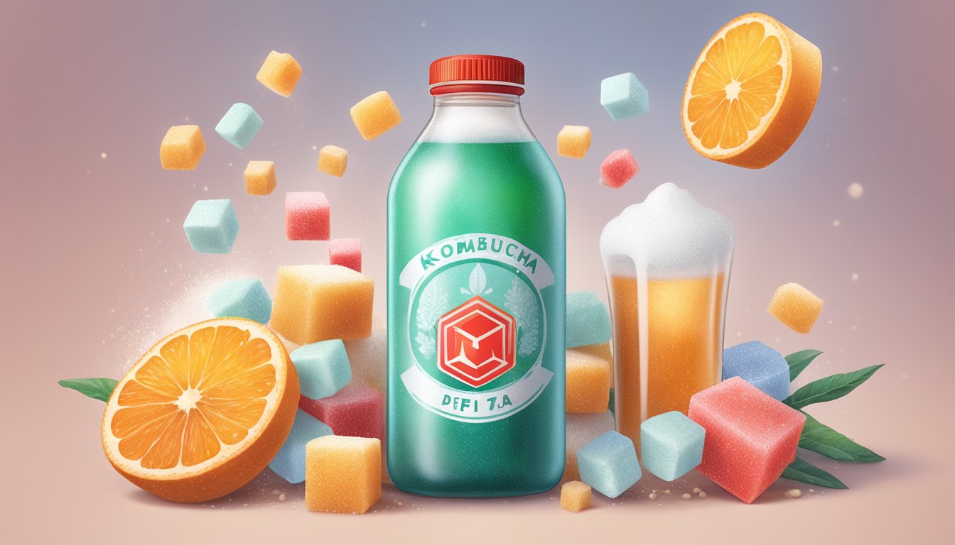 A bottle of kombucha surrounded by sugar cubes, artificial additives, and a red warning symbol