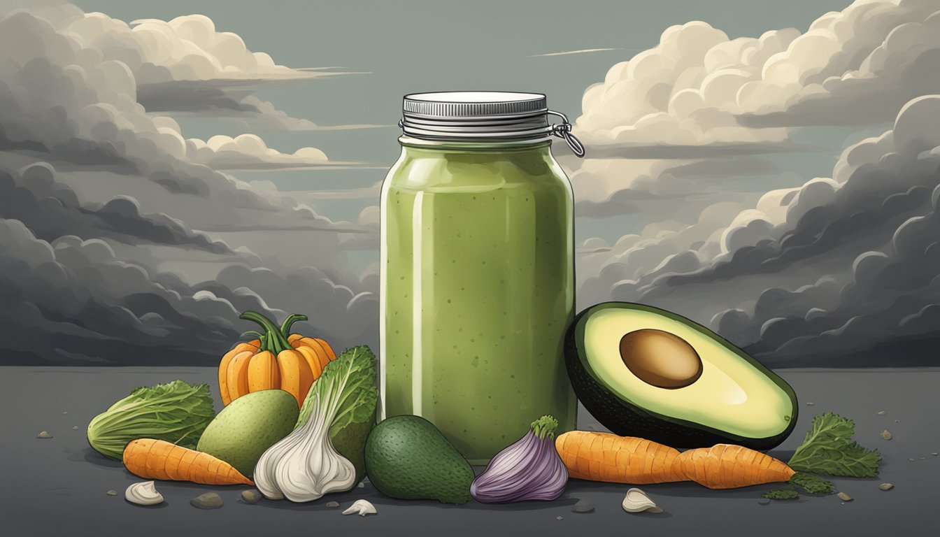 A jar of avocado oil mayonnaise surrounded by wilted and rotting vegetables, with a dark cloud hovering above