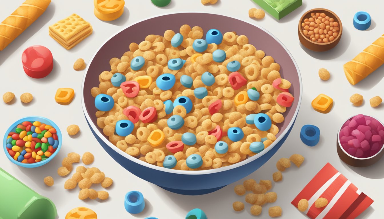 A bowl of cereal with a large protein symbol crossed out in red, surrounded by various unhealthy food items