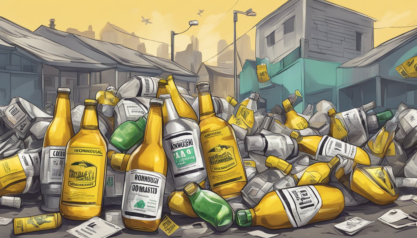 A pile of discarded kombucha bottles surrounded by warning signs and caution tape