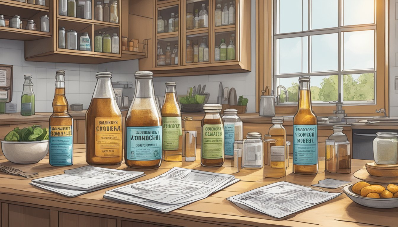 A cluttered kitchen counter with bottles of kombucha, surrounded by warning labels and regulatory documents