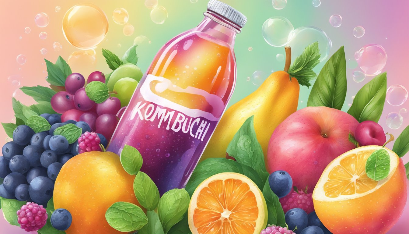 A colorful array of fresh fruits and herbs surround a glass bottle of kombucha, with vibrant bubbles rising to the surface