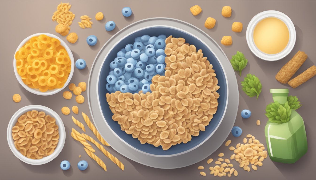 A bowl of protein-enriched cereal surrounded by unhealthy processed ingredients and a warning label