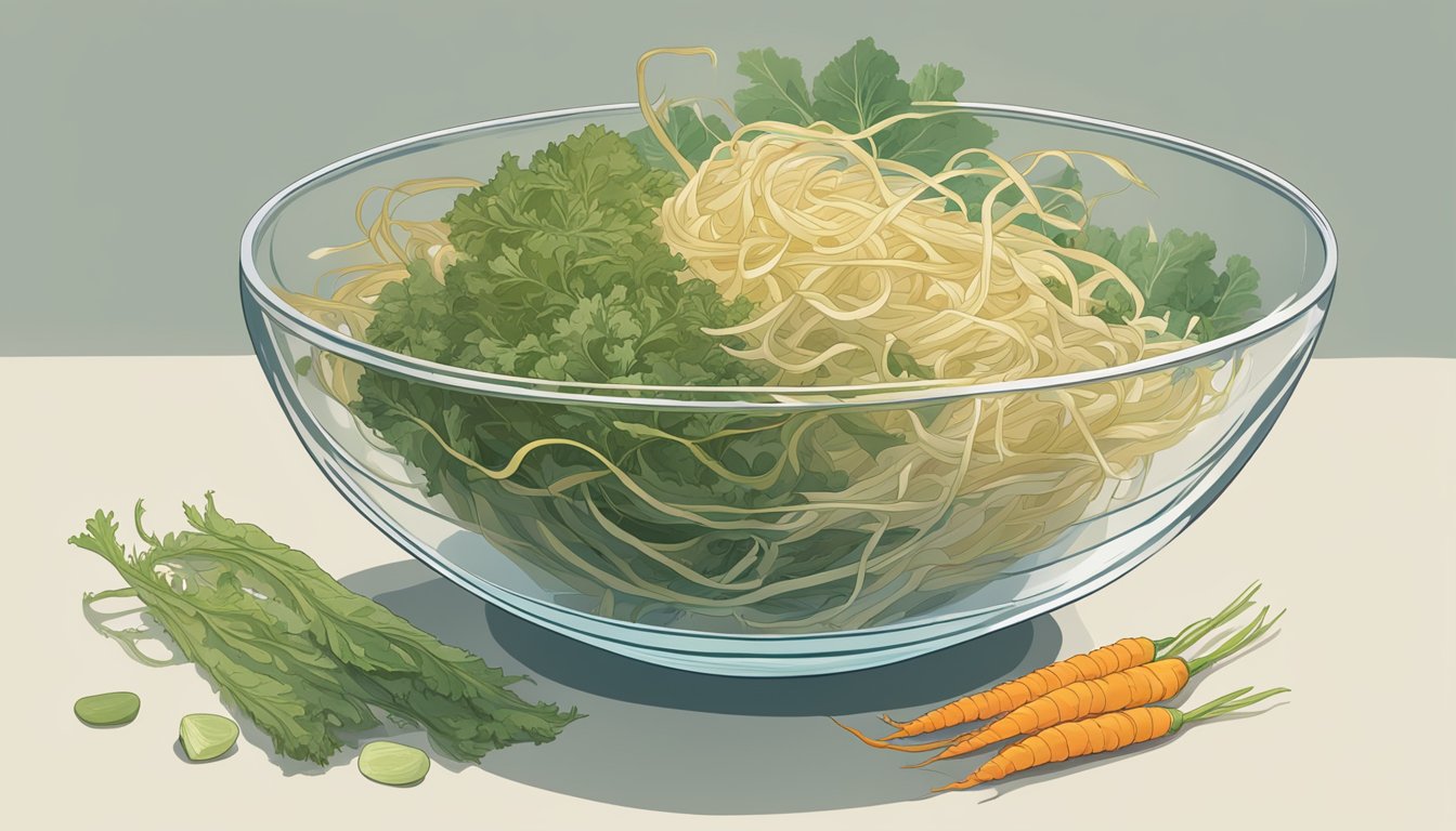 A tangled mass of kelp noodles spilling out of a clear glass bowl, surrounded by wilted and discolored vegetables