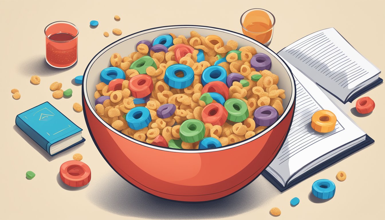 A bowl of cereal with a red "X" over it, surrounded by various allergen symbols and a book titled "Addressing Knowledge Gaps"