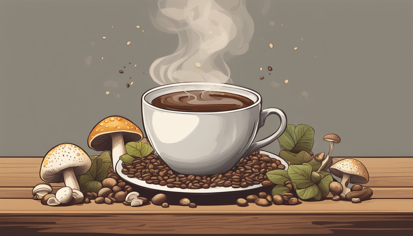 A steaming cup of mushroom coffee sits on a rustic wooden table, surrounded by various types of mushrooms and a scattered pile of coffee beans