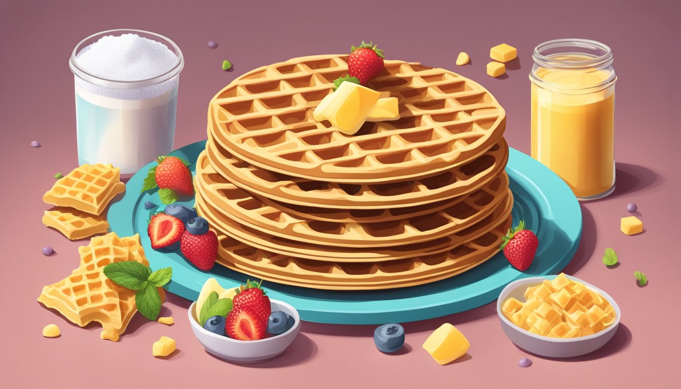 A stack of protein waffles surrounded by unhealthy ingredients like sugar, artificial flavors, and preservatives