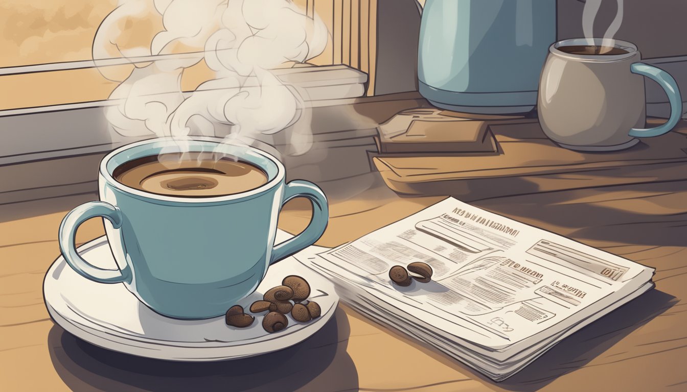 A steaming cup of mushroom coffee sits next to a warning sign and a list of potential health risks