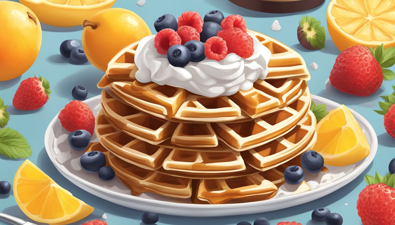 A stack of protein waffles surrounded by unhealthy ingredients like syrup, whipped cream, and sugary fruit toppings