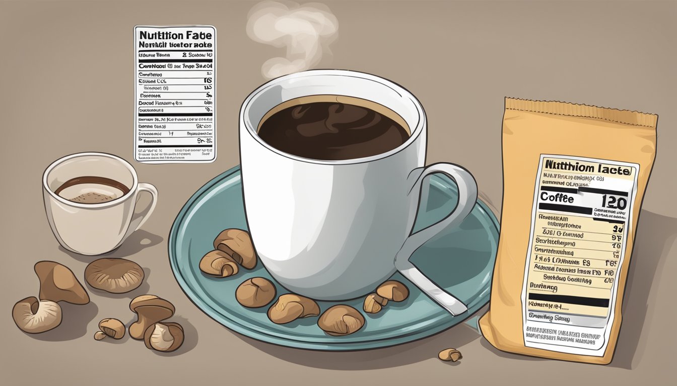 A steaming cup of mushroom coffee sits next to a nutrition label, revealing inconsistencies and unhealthy components