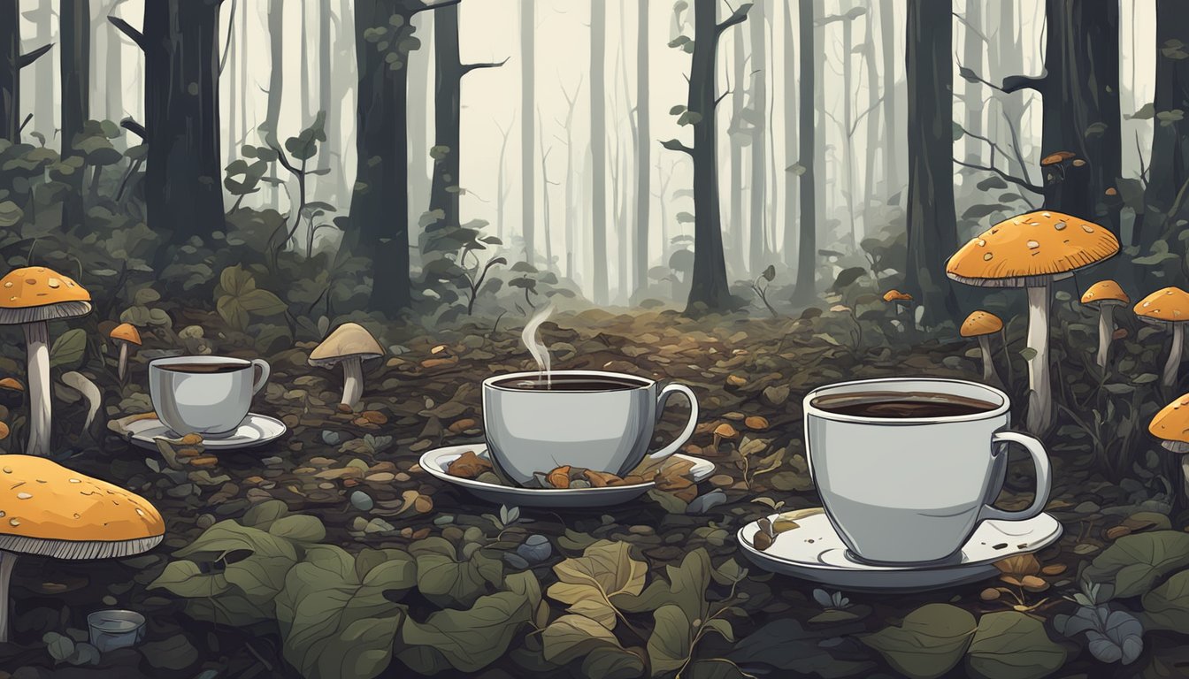 A dark, polluted forest with wilted mushrooms and empty coffee cups scattered among dying plants