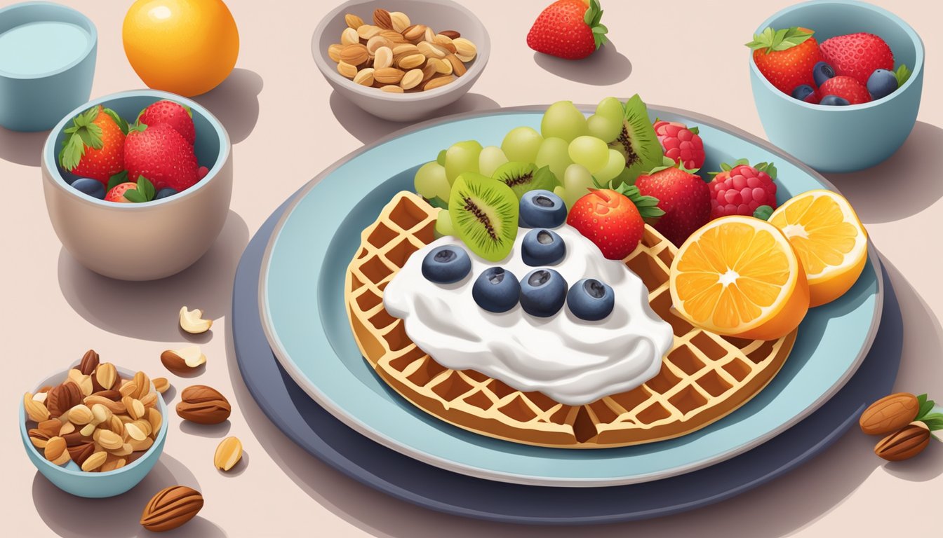 A plate with protein waffles surrounded by fruits, nuts, and yogurt