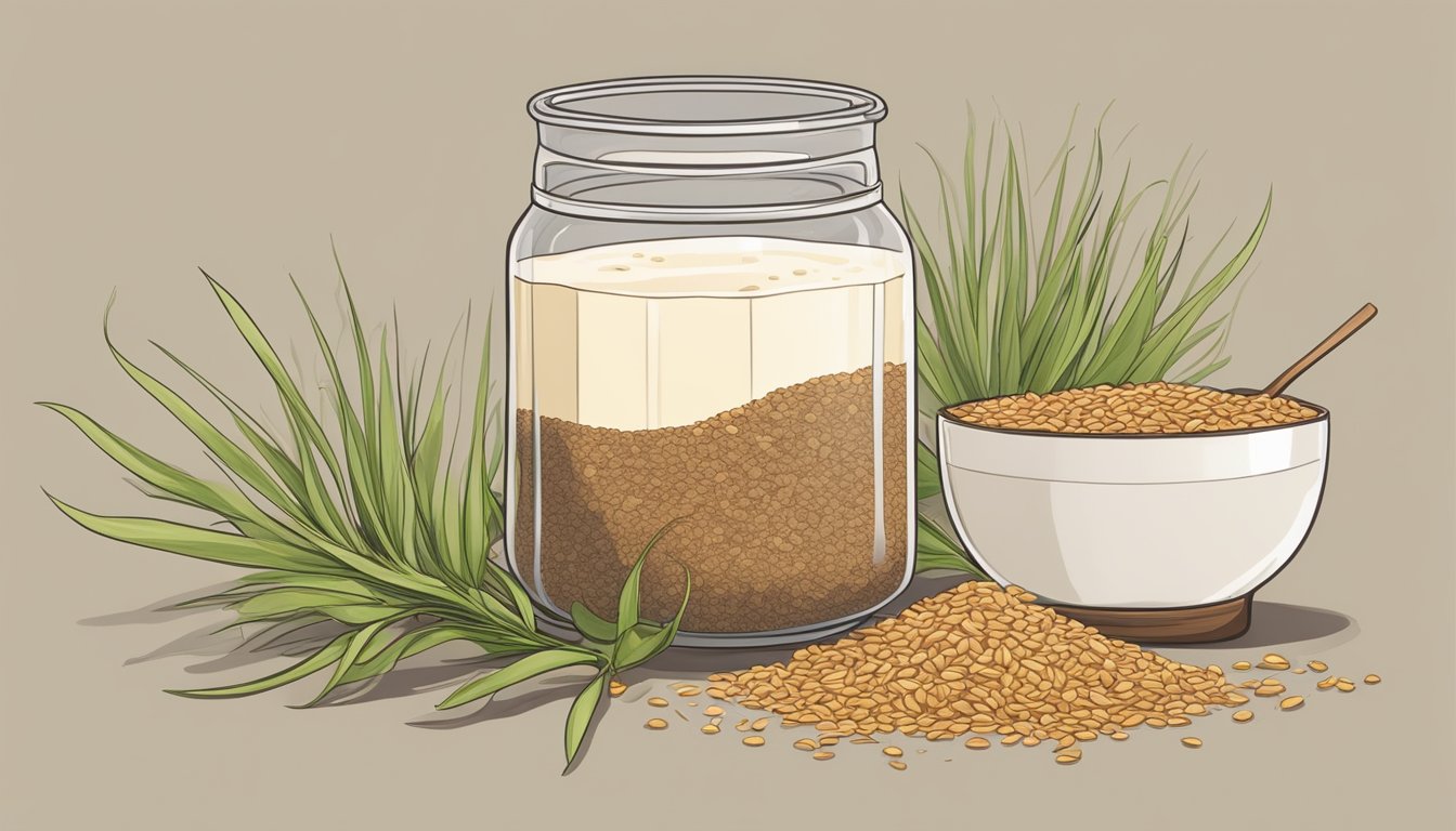 A glass of flax milk sits next to a wilted flax plant, surrounded by discarded flaxseed husks. The milk appears curdled and separated, with a sour odor emanating from the glass