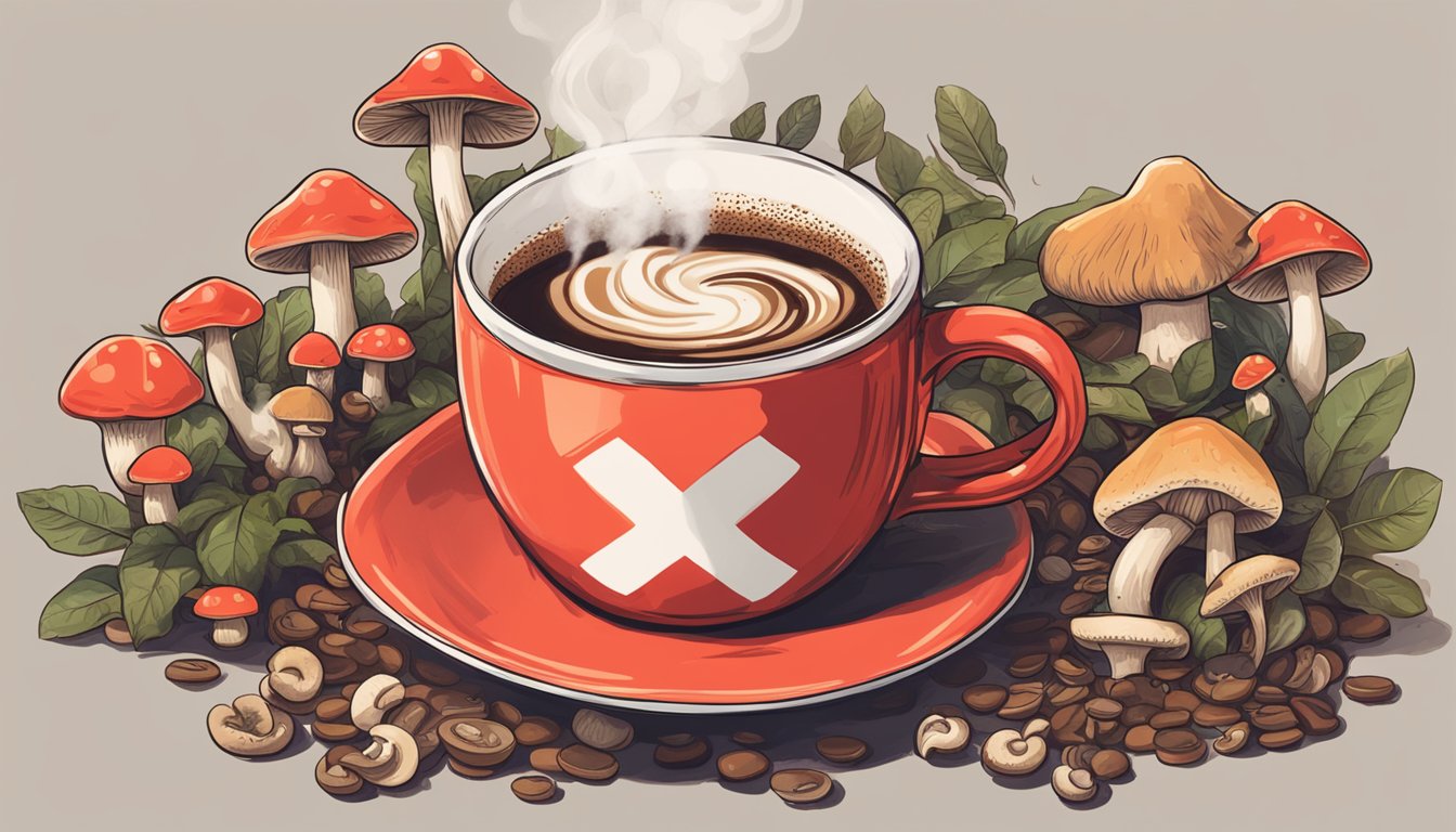 A steaming cup of mushroom coffee sits next to a pile of wilted mushrooms, while a red "X" is drawn over the coffee mug