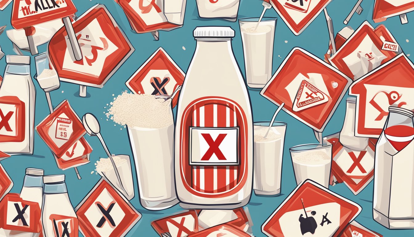 A carton of flax milk surrounded by warning signs and red X's