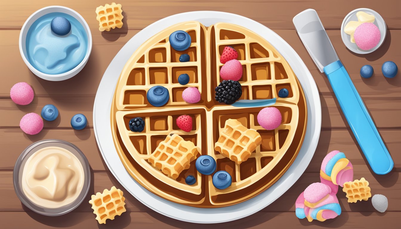 A plate of protein waffles with unhealthy ingredients like processed sugar and artificial flavors, surrounded by warning symbols