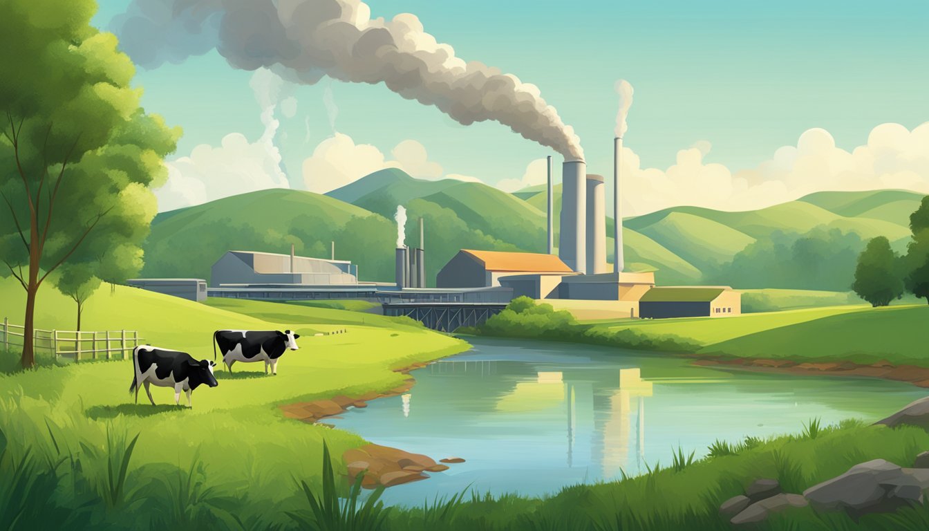 A factory spewing pollutants into a river, while a cow grazes in a lush, green pasture