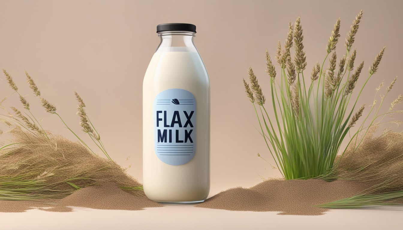 A glass of flax milk surrounded by wilted flax plants and a warning sign