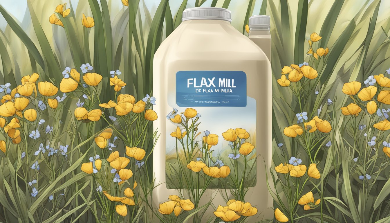 A carton of flax milk surrounded by wilted and discolored flax plants, with a warning sign in the background