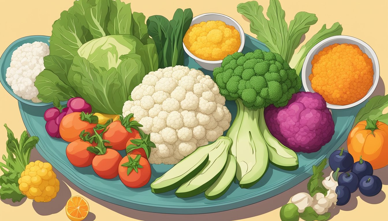 A colorful plate with a serving of cauliflower rice next to a variety of fresh, vibrant vegetables and fruits