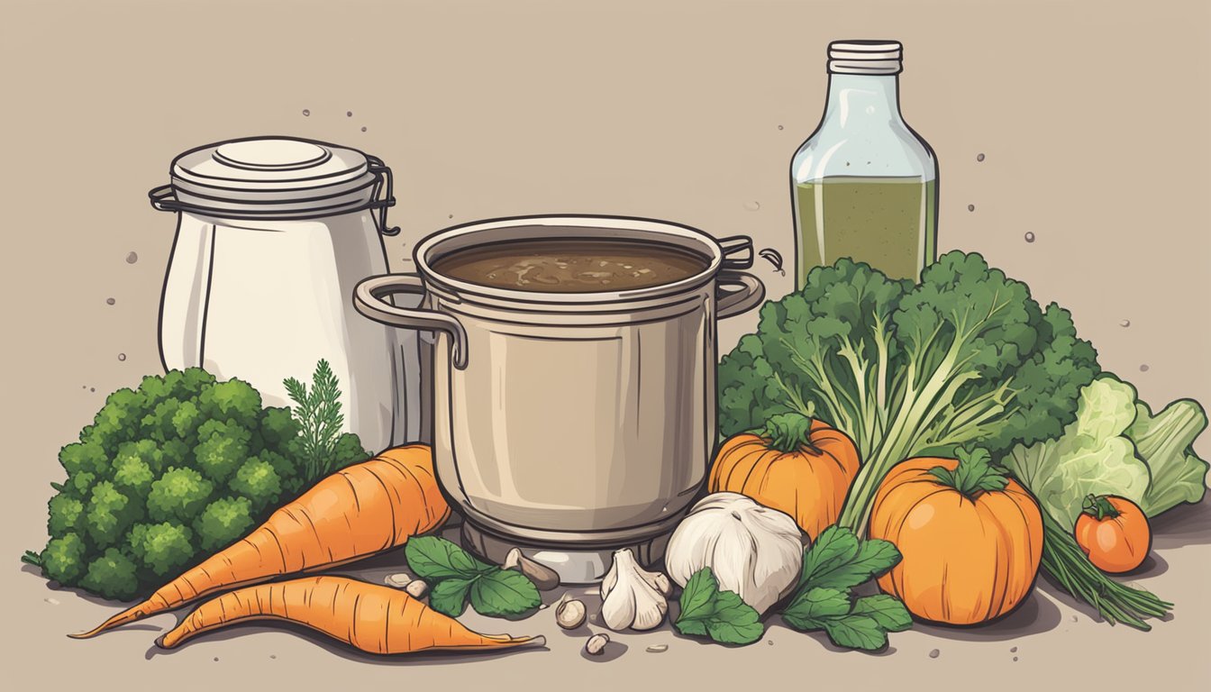 A simmering pot of homemade bone broth surrounded by fresh vegetables, herbs, and bones. A discarded packaged bone broth container sits in the background