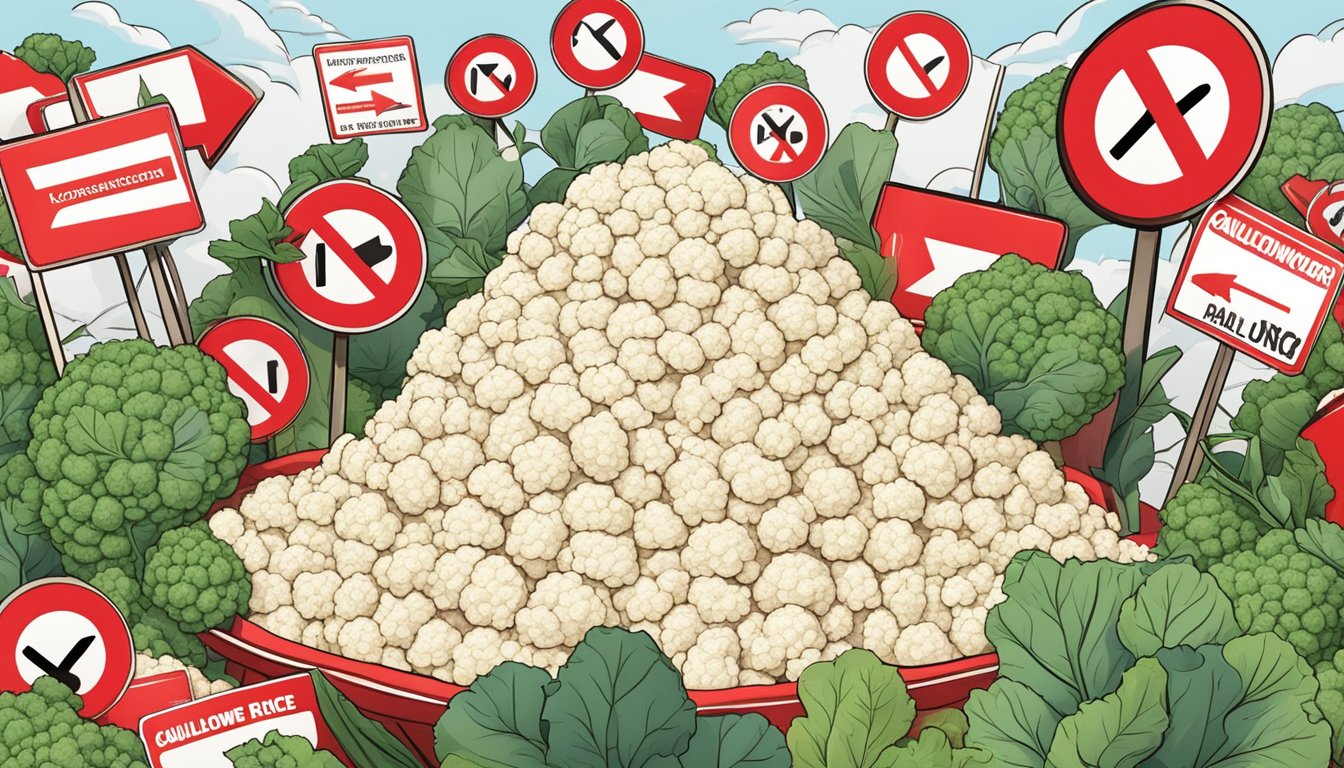 A pile of cauliflower rice surrounded by warning signs and red X symbols