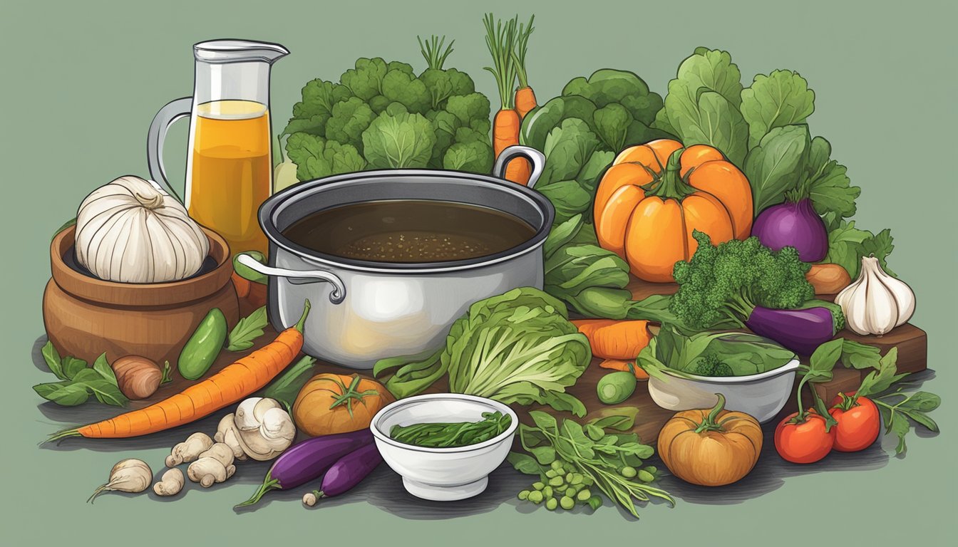 A colorful illustration of a variety of fresh vegetables, herbs, and spices, along with a pot of homemade bone broth simmering on a stove