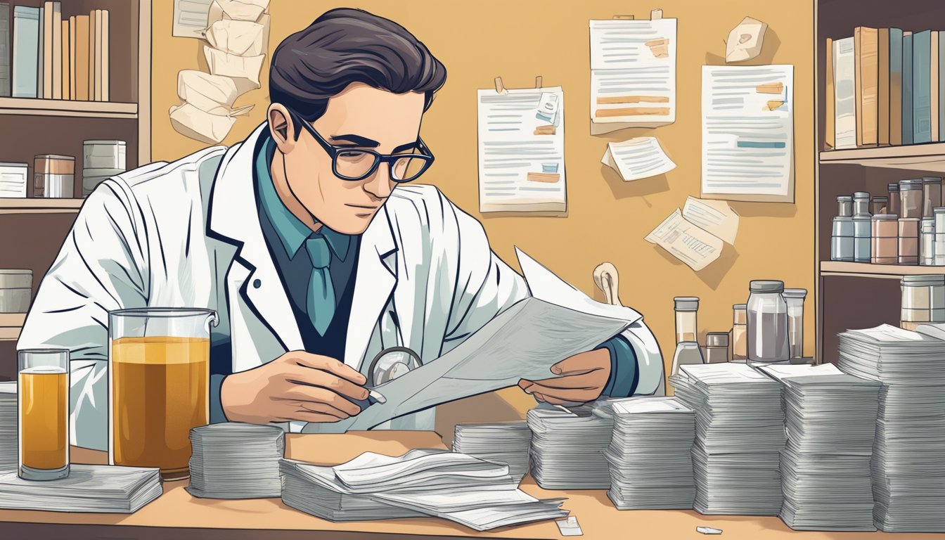 A scientist examining a carton of bone broth, surrounded by research papers and charts highlighting its unhealthy aspects