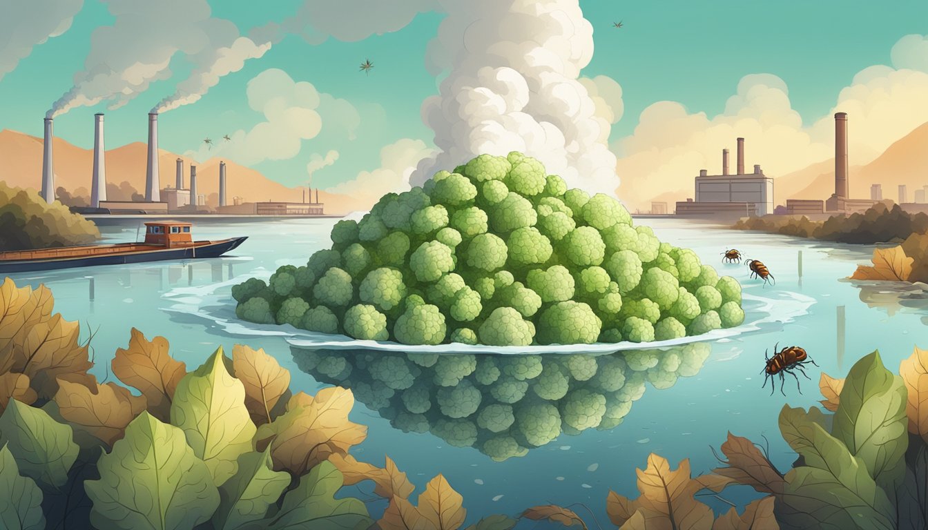 A pile of cauliflower rice with wilted leaves and bugs crawling on it, next to a polluted river and a factory emitting smoke