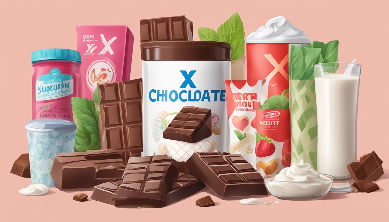 A bar of chocolate with a large, red "X" over it, surrounded by images of healthy probiotic foods like yogurt, kefir, and sauerkraut