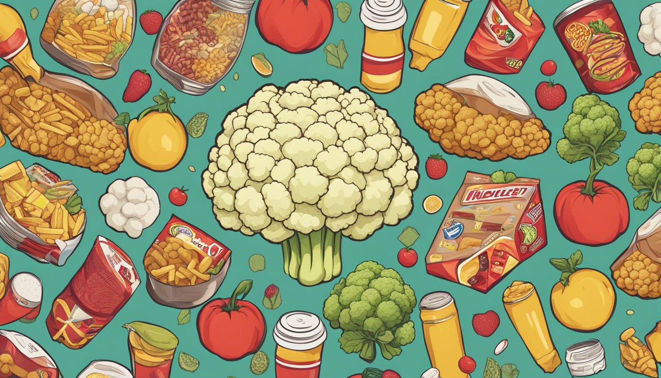 A cauliflower head surrounded by unhealthy processed foods and a red "X" over it