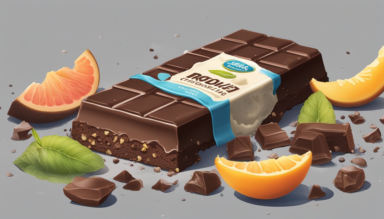 A broken probiotic chocolate bar surrounded by rotten fruits and moldy dairy products