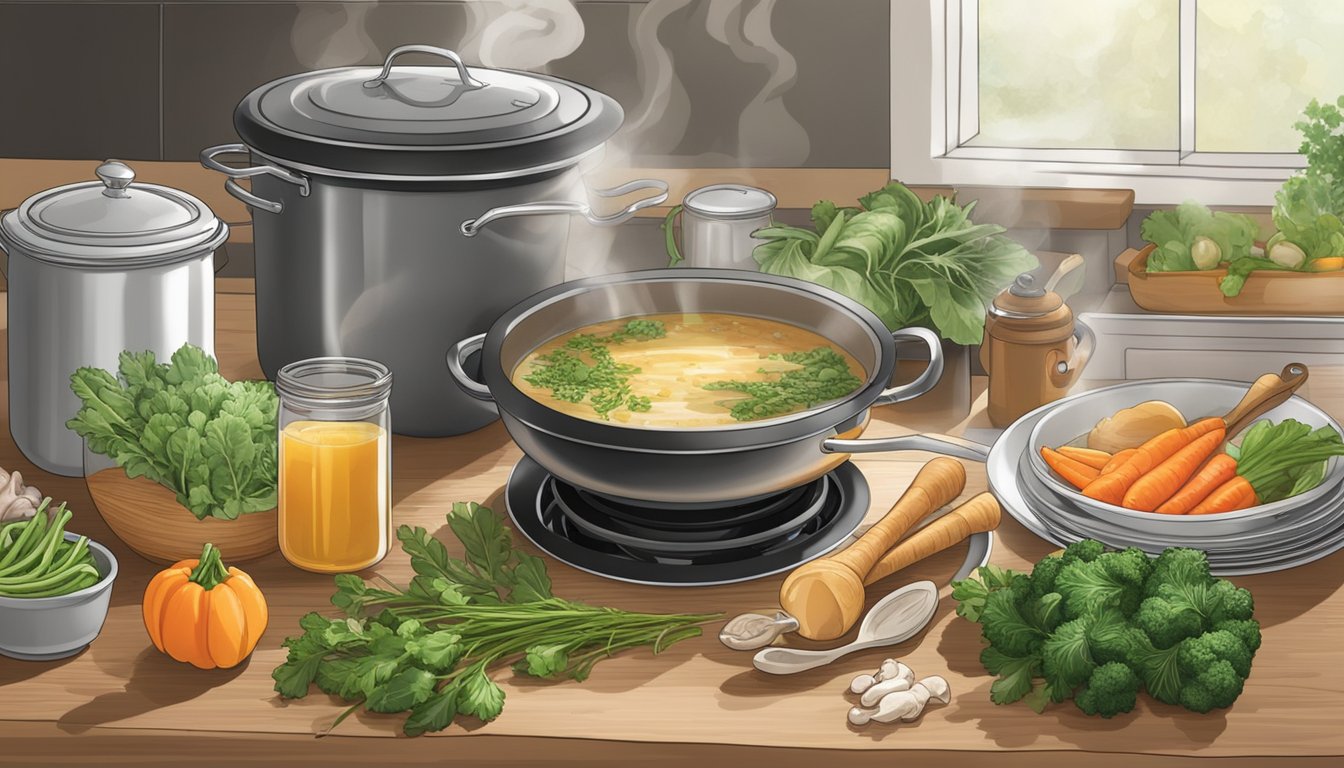 A pot of bone broth simmers on a stovetop, steam rising and filling the kitchen with a rich, savory aroma. Fresh vegetables and herbs sit nearby, ready to be added to the nourishing broth