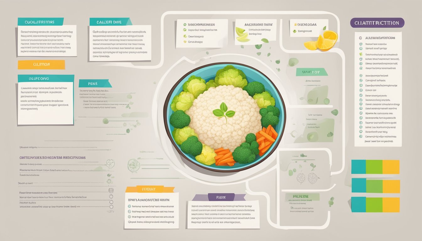 A colorful illustration of a cauliflower rice bowl with a crossed-out allergen symbol and a list of dietary restrictions