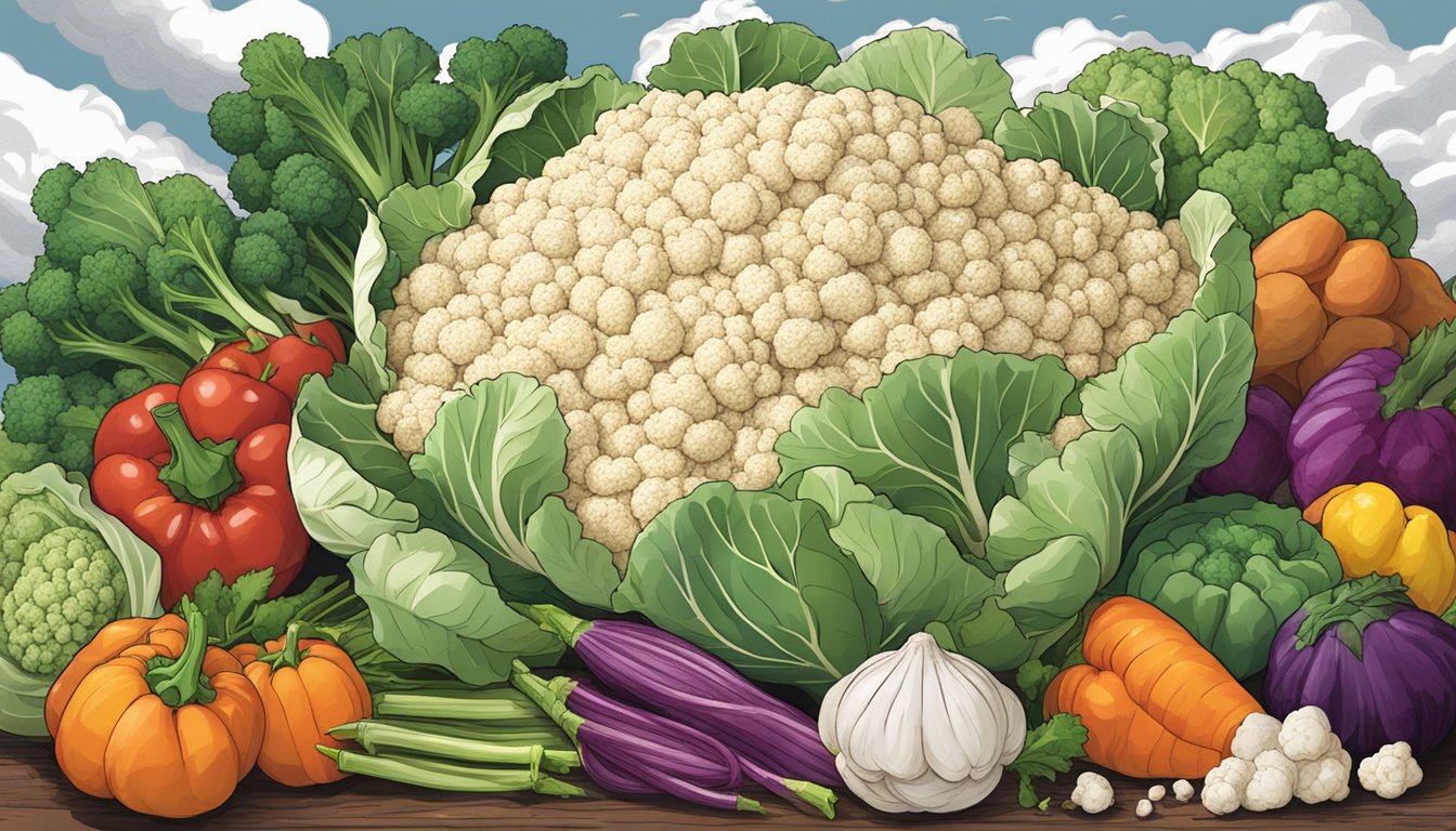 A pile of cauliflower rice surrounded by wilted and discolored vegetables, with a dark cloud looming overhead