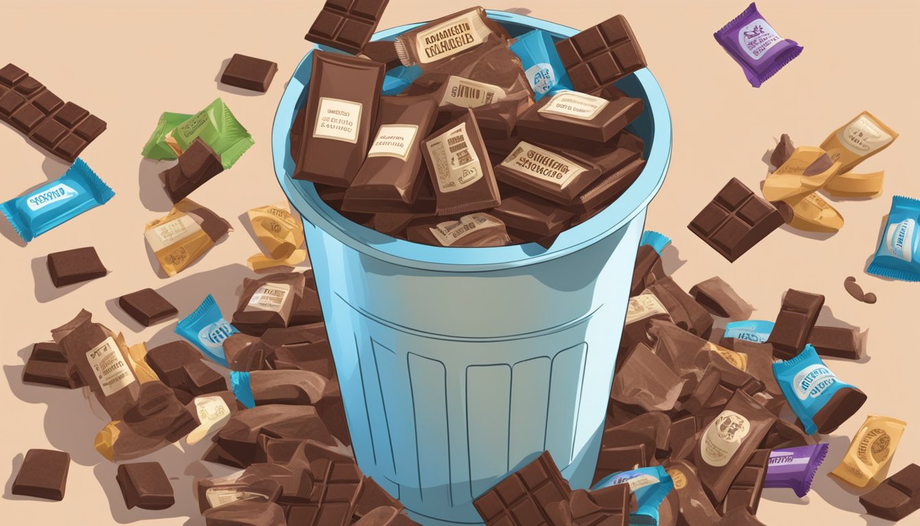 A pile of chocolate bars with probiotic labels being thrown into a trash can