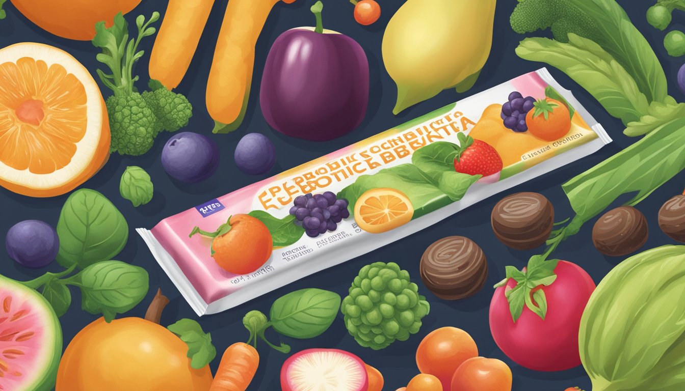 A vibrant illustration of prebiotic-rich fruits and vegetables interacting with probiotic bacteria, contrasting with a warning label on a chocolate bar