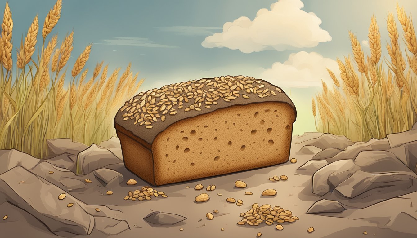 A loaf of sprouted grain bread surrounded by wilted and moldy grains, with a warning sign next to it