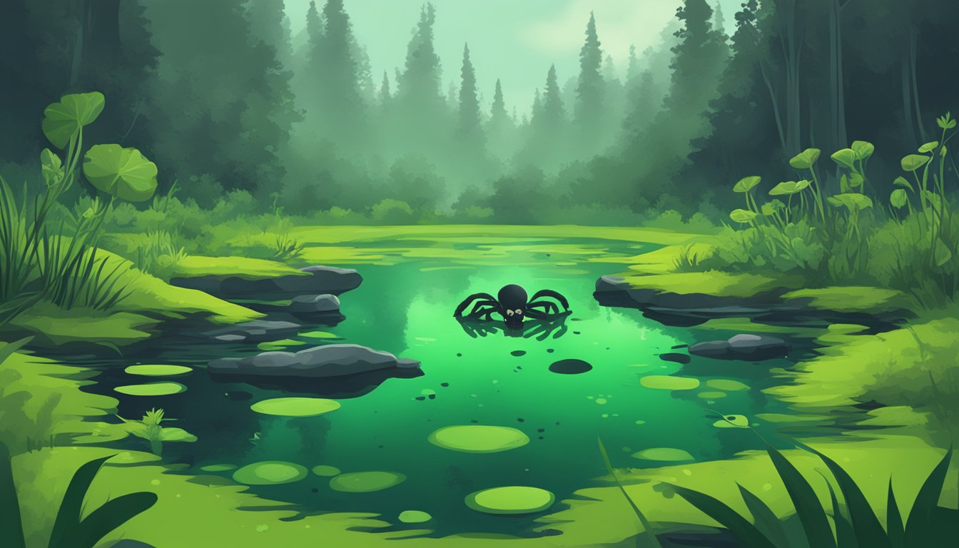 A dark, murky pond filled with green, slimy algae. A warning sign with a skull and crossbones is posted nearby