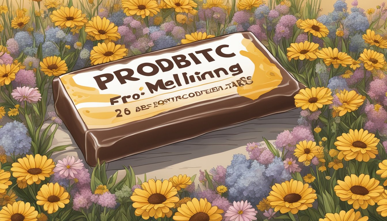 A bar of probiotic chocolate melting under a hot sun, surrounded by wilted flowers and a warning sign