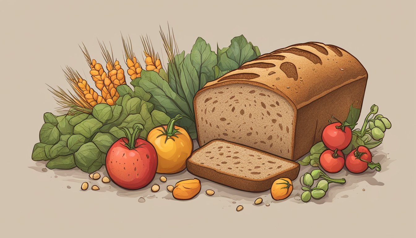 A loaf of sprouted grain bread surrounded by wilted and moldy produce, with a red "X" over the bread